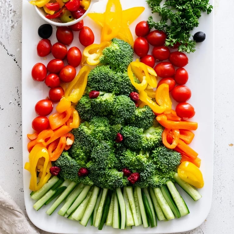 Bright and inviting, a Christmas veggie platter tree with a vibrant arrangement of fresh vegetables for the holidays.