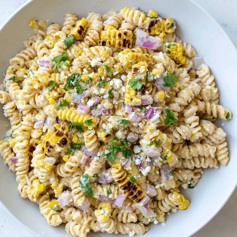 A bowl of Creamy Street Corn Pasta Salad garnished with fresh cilantro, perfect for a summer BBQ.