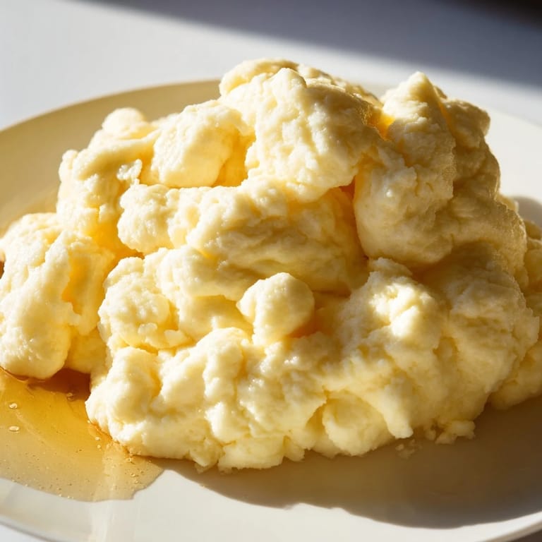 Soft scrambled pancakes, gently folded and cooked to perfection for a delicious breakfast plate.