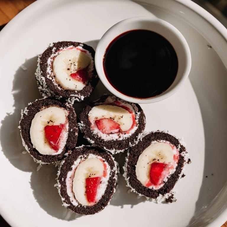 Close-up of freshly made Oreo Cookie Sushi rolls, showcasing their creamy filling and coconut topping.