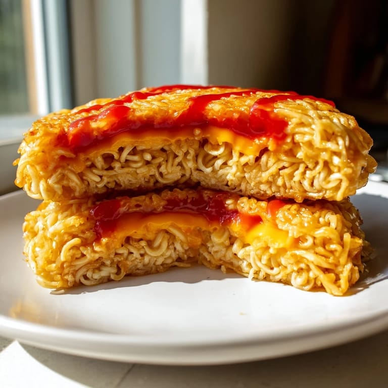 A close-up view of a freshly made Instant Ramen Grilled Cheese—a fun, flavorful, and satisfying snack option.