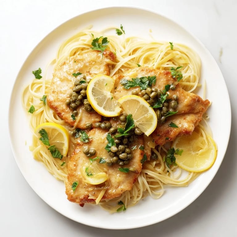 Aromatic chicken piccata pasta dish with zesty lemon sauce, capers, and perfectly cooked pasta for dinner.