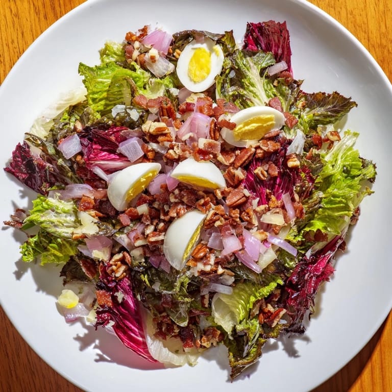 Earthy, delicious bitter greens salad, topped with warm bacon dressing and hard-boiled egg pieces.
