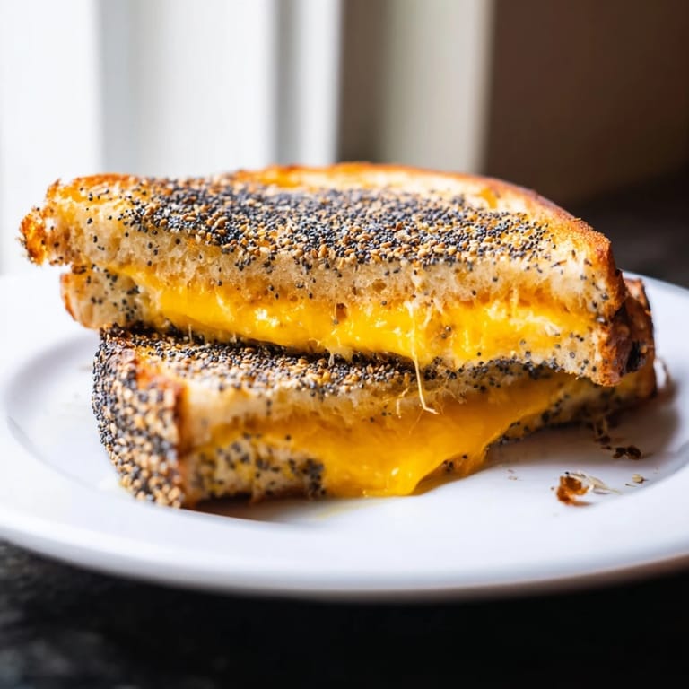 Crispy-crusted Everything Bagel Grilled Cheese, with a golden-brown exterior, served for a delicious, easy lunch.