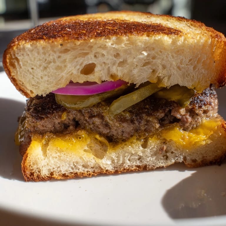 Perfectly grilled golden bread showcases the layers of a savory Smashed Burger Grilled Cheese sandwich.