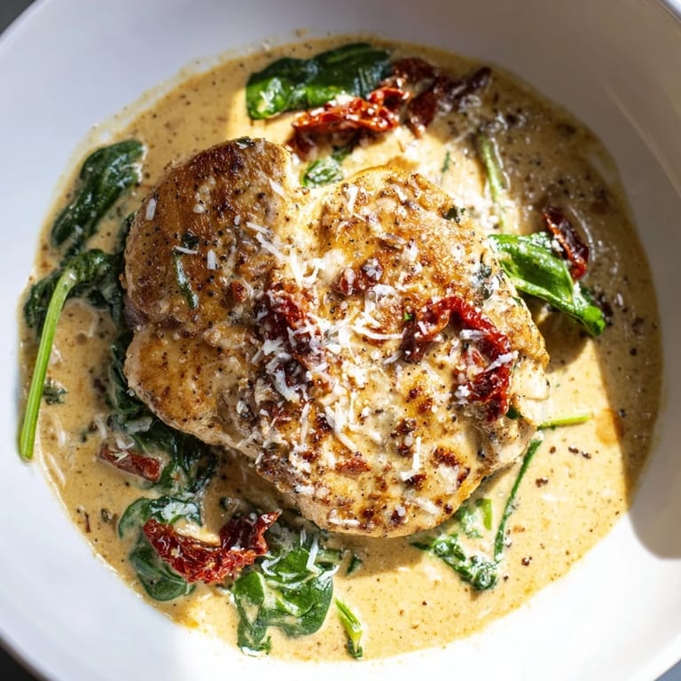 Close-up of Creamy Tuscan Chicken: succulent chicken in a creamy sauce, perfect for dinner.