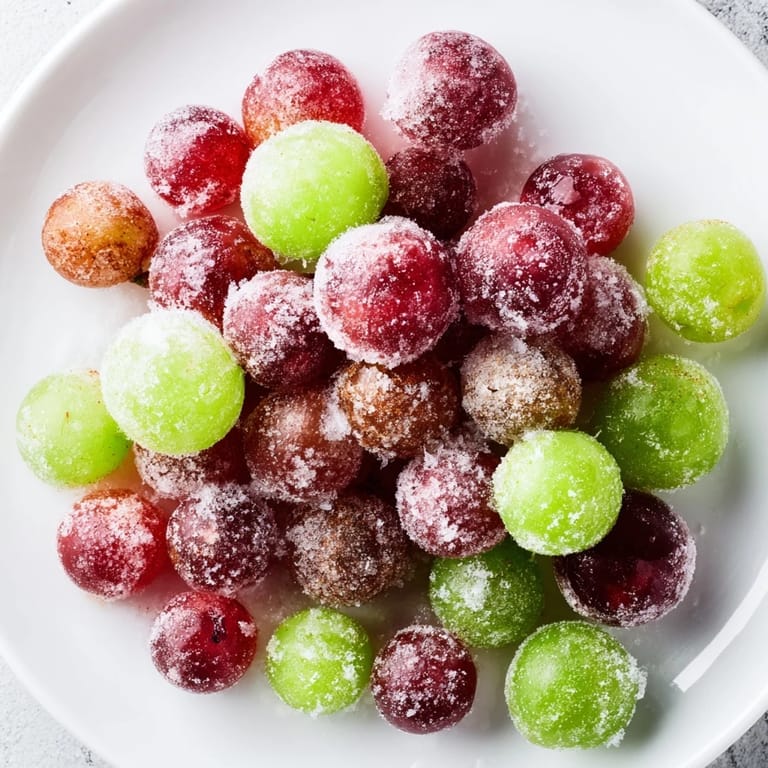 Close-up of frozen grapes with a sprinkle of sugar, an easy, healthy snack perfect for warm days.