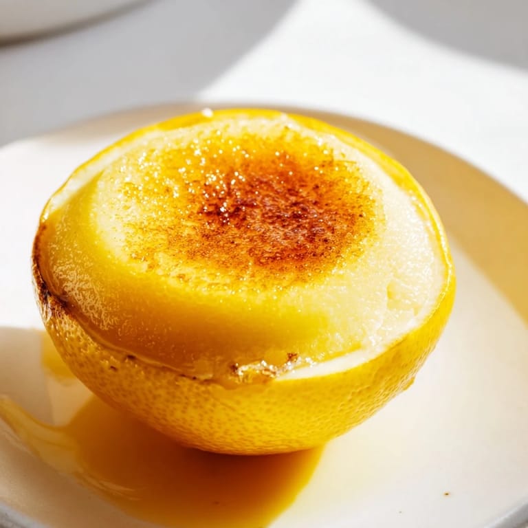 Bright yellow lemon brûlée posset presented elegantly in halved lemon shells, ready to be devoured.