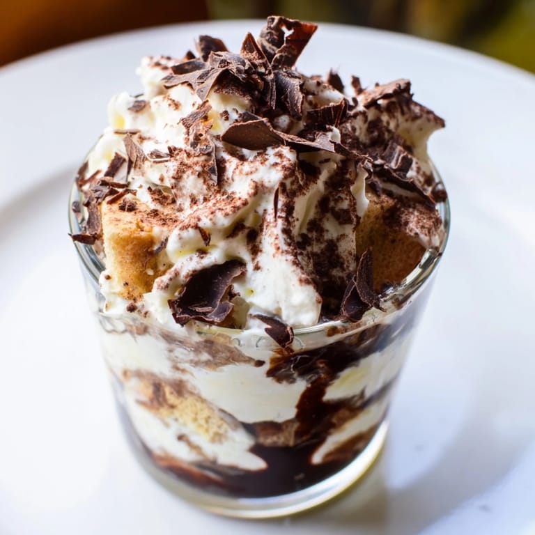Close-up of ready Deconstructed Tiramisu Shots: espresso-soaked ladyfingers beneath a fluffy mascarpone topping.