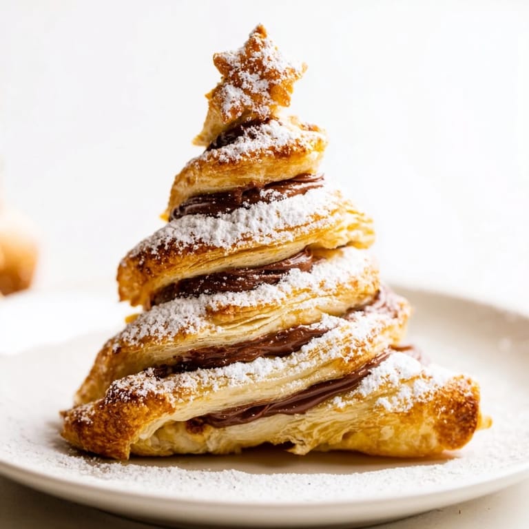 Festive golden-brown Nutella Pastry Christmas Trees, fresh from the oven, offering a delightful flaky, chocolate-hazelnut taste.