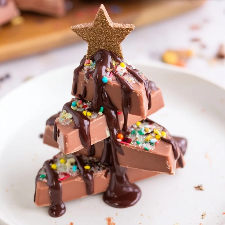 Stacked mini Kinder bars transform into delicious Chocolate Kinder Christmas Trees, a delightful holiday dessert.