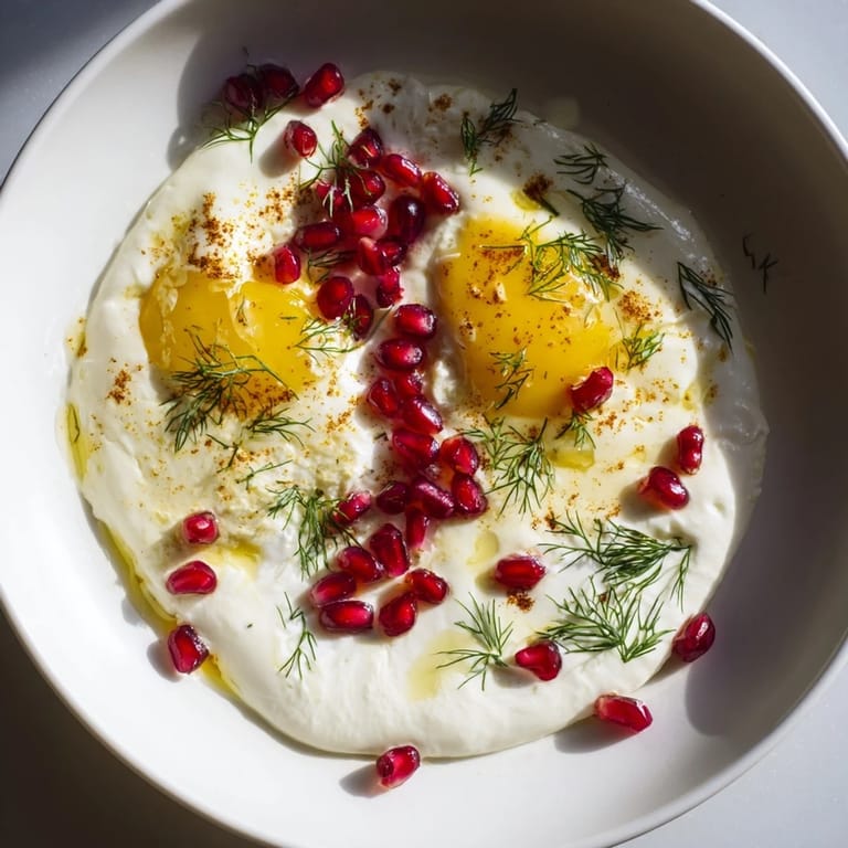 This flavorful Çılbır recipe shows creamy yogurt, runny eggs, vibrant pomegranate, and spiced butter drizzled over.