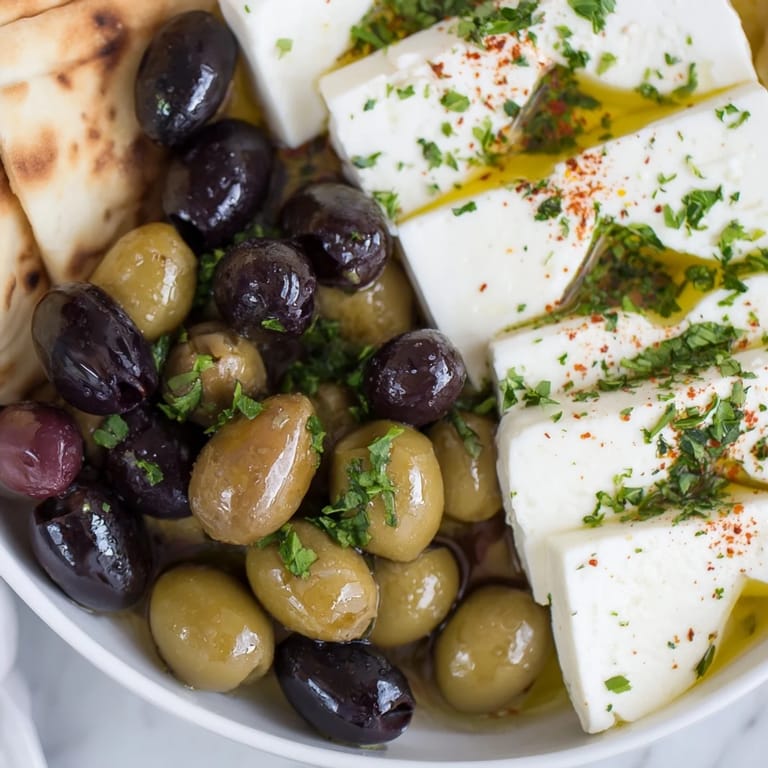 Vibrant image shows a Turkish Olives & Cheese Board, featuring olives, soft cheese, and drizzled honey.
