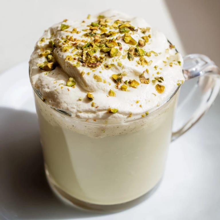 A delightful pistachio latte; the frothy cold foam contrasts the warm, subtly sweet pistachio drink.