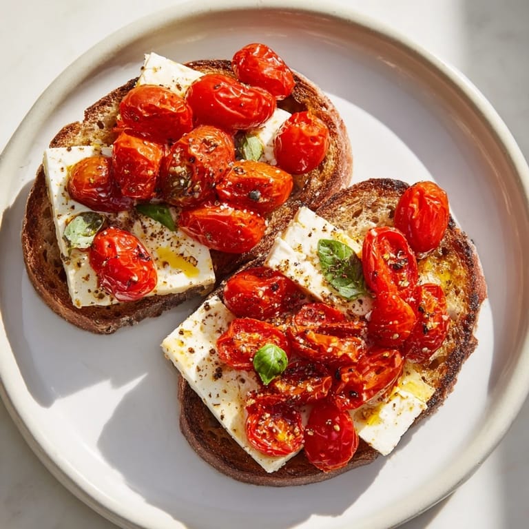 Delicious Baked Feta Toast: A close-up of the bubbly cheese and vibrant tomatoes.