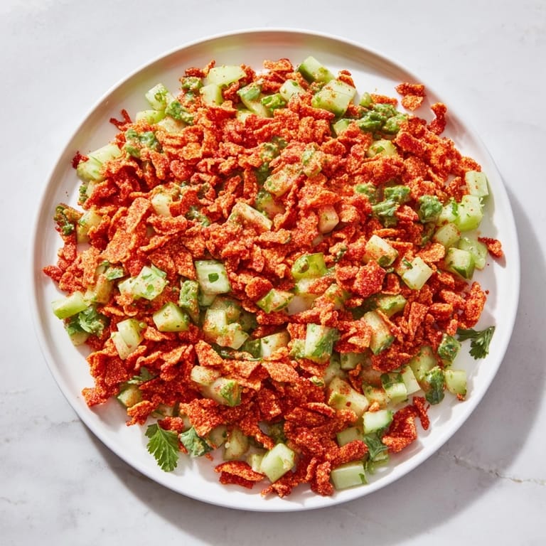 This Flamin Hot Cheeto Salad features bright green cilantro and red-hot Cheetos, inviting everyone to taste it.