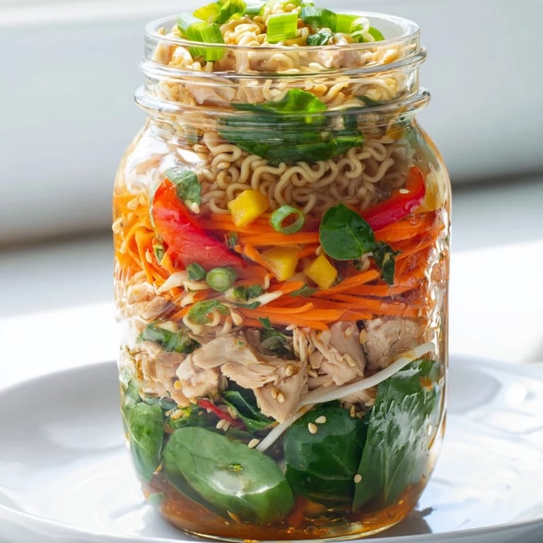 Close-up of a stacked mason jar noodle meal prep, perfect for a dairy-free Asian-inspired meal.