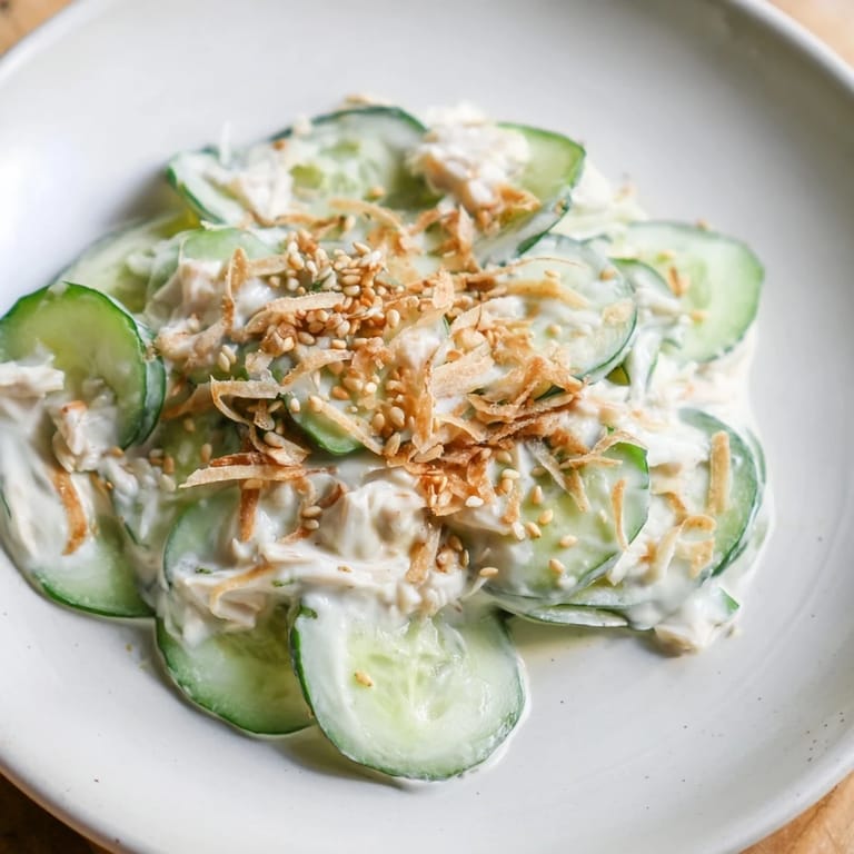 Close-up of the California Roll Cucumber Salad: showcasing the creamy dressing, nori, and the bright colors of the ingredients.