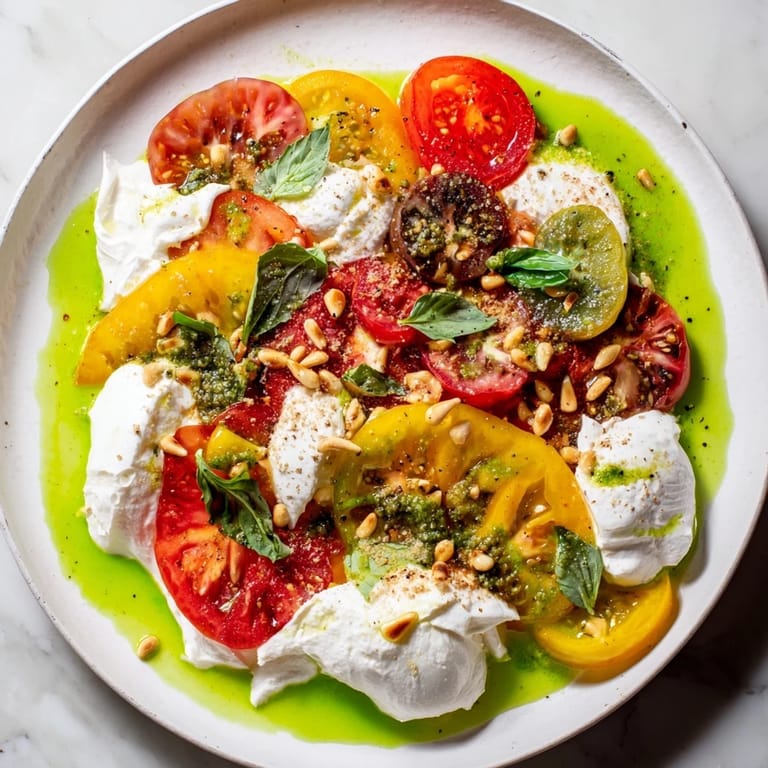 Beautifully arranged heirloom tomato salad board, perfect for sharing, with fresh tomatoes and creamy cheese.