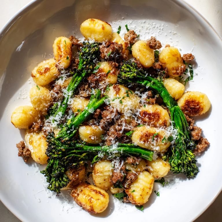 Close-up of a bubbling Sheet Pan Gnocchi Bake; pillowy gnocchi mingle with savory sausage.
