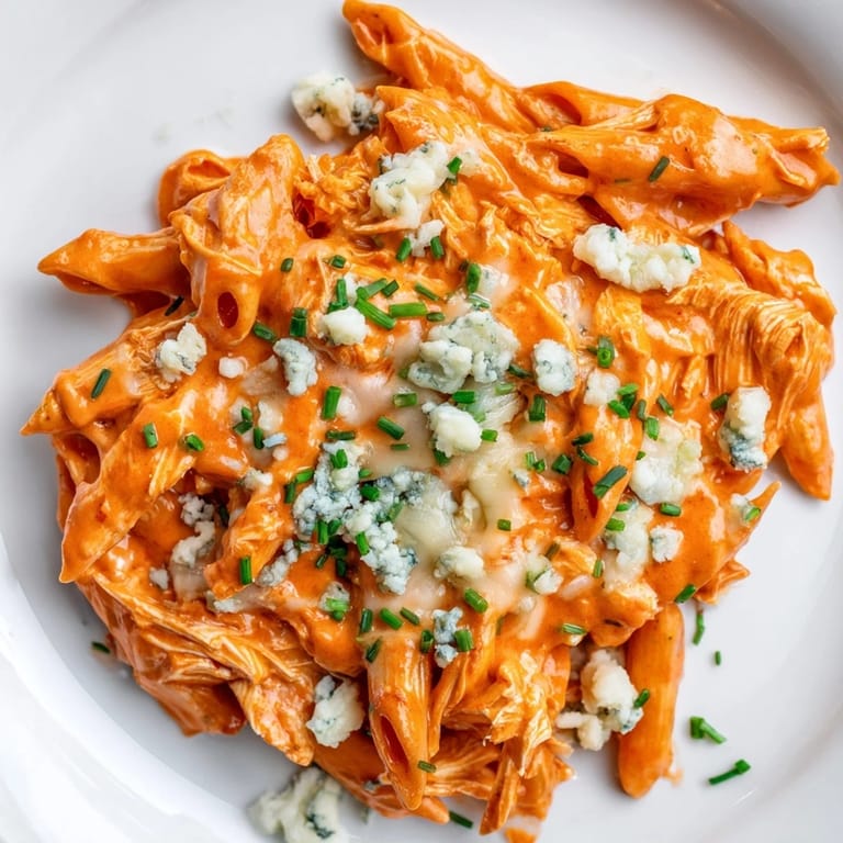 Hearty buffalo chicken pasta dish, featuring shredded chicken in a creamy sauce, topped with tangy blue cheese crumbs.