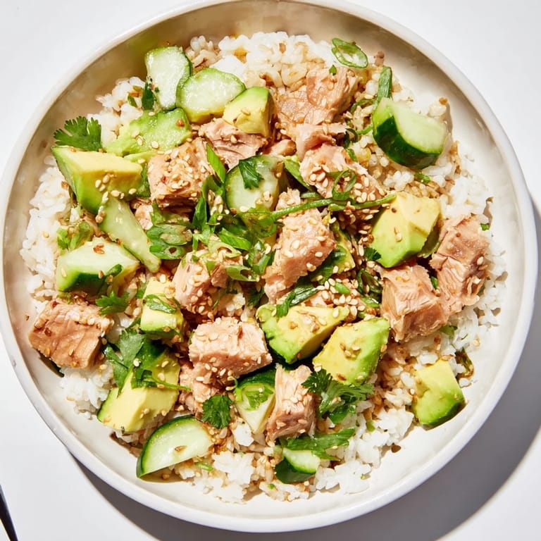 For a fresh and easy dinner, a Tuna Avocado Rice Bowl features seasoned tuna, creamy avocado, and crunchy cucumber drizzled with a savory sesame-soy dressing.