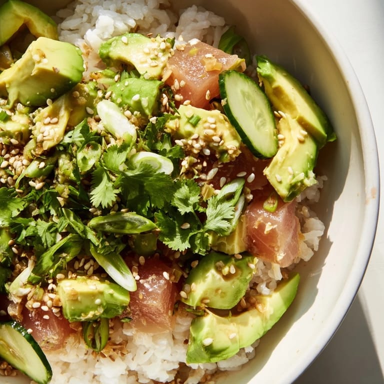 Fragrant jasmine rice forms the base of a nourishing Tuna Avocado Rice Bowl, topped with diced avocado, flaked tuna, and colorful vegetables for a quick meal.