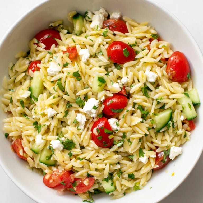Greek Orzo Salad served in a white bowl with a zesty lemon-oregano dressing, fresh parsley, and red onion slices for a Mediterranean side.  