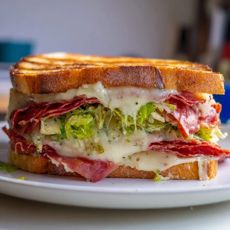 An open-faced view of the Italian Sub Grilled Cheese revealing a vibrant, tangy lettuce topping mixed with red onion and pepperoncini slices.