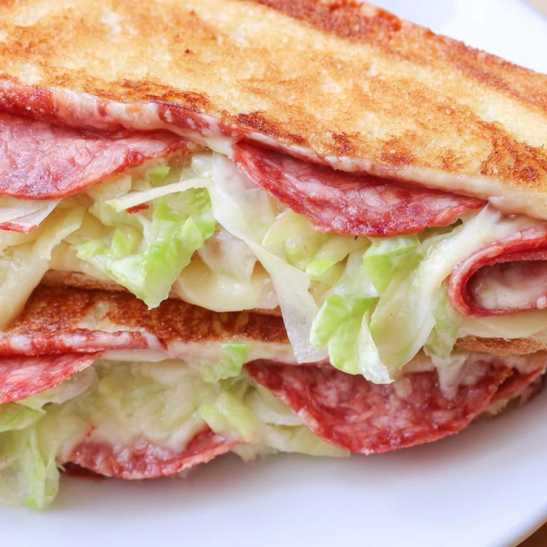 A cross-section of the Italian Sub Grilled Cheese highlighting layers of stacked Italian cold cuts, melted cheese, and shredded lettuce between crisp bread.