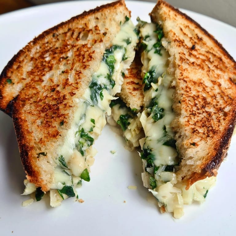 A fork cutting into an Artichoke Spinach Grilled Cheese, revealing a thick, creamy dip-style filling with vibrant green spinach and tender artichokes.