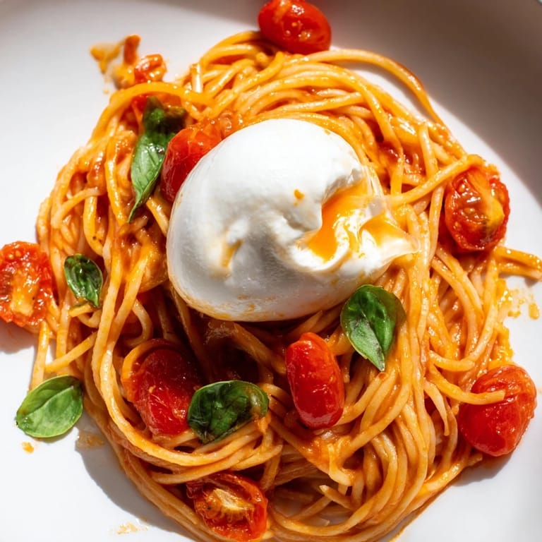 A close-up of Burrata Caprese Pasta with torn burrata, basil leaves, and glistening olive oil ready to serve.