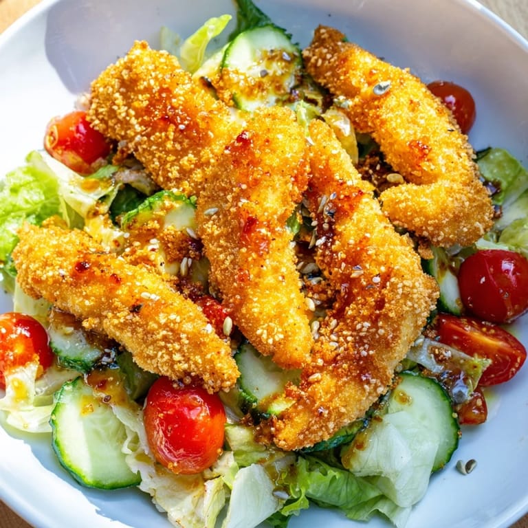 Spicy-sweet hot honey drizzled over crispy breaded chicken, served on a colorful salad with red onion and fresh herbs.