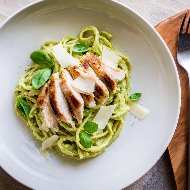 Perfect for a quick dinner, Creamy Avocado Chicken Pasta is served warm with lemon zest and optional Parmesan.
