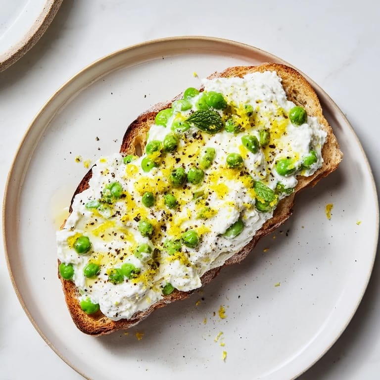 Golden sourdough slices layered with whipped pea and mint ricotta, finished with black pepper for a simple, elegant brunch.