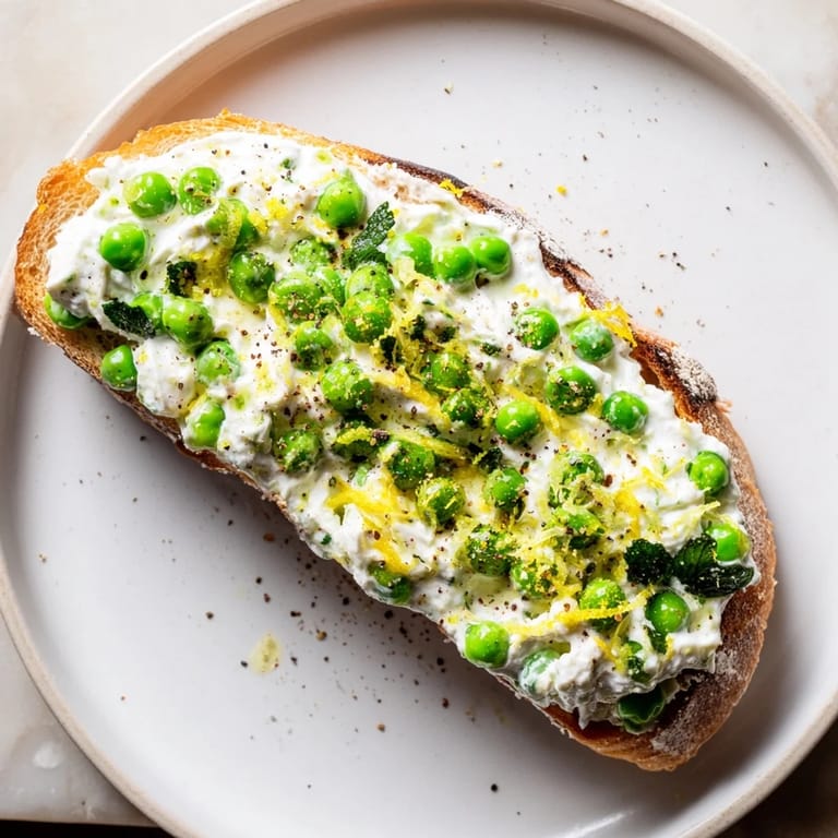Savory Pea & Mint Ricotta Toast garnished with chopped mint, olive oil drizzle, and served alongside fresh lemon wedges.  