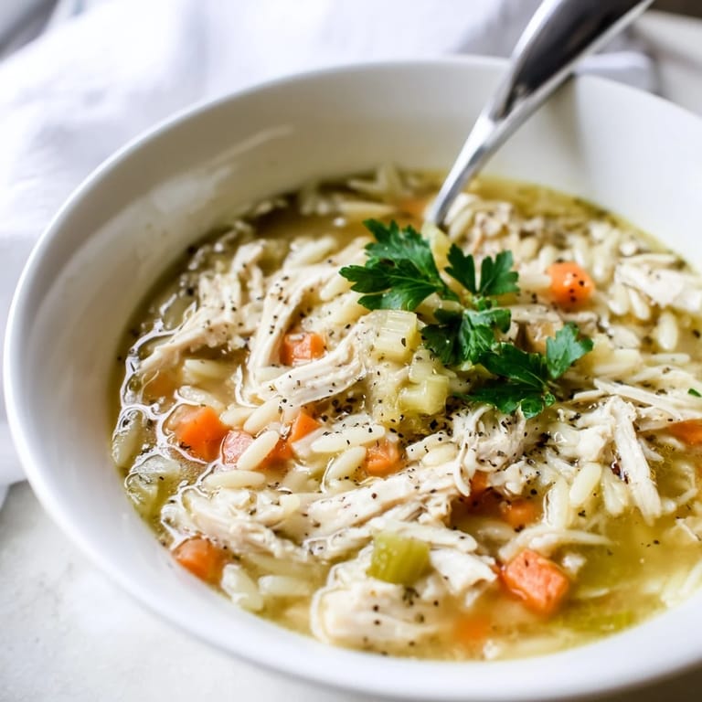 Comforting Lemon Pepper Chicken Orzo Soup in a rustic white bowl, featuring vibrant carrots and celery in a clear, savory broth, ready to serve with lemon wedges.