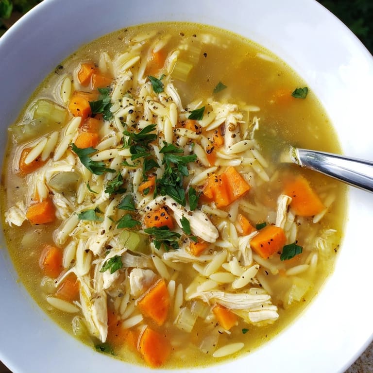 Close-up of a spoon lifting Lemon Pepper Chicken Orzo Soup, revealing juicy chicken pieces, al dente orzo, and a light, citrusy broth perfect for a cozy meal.