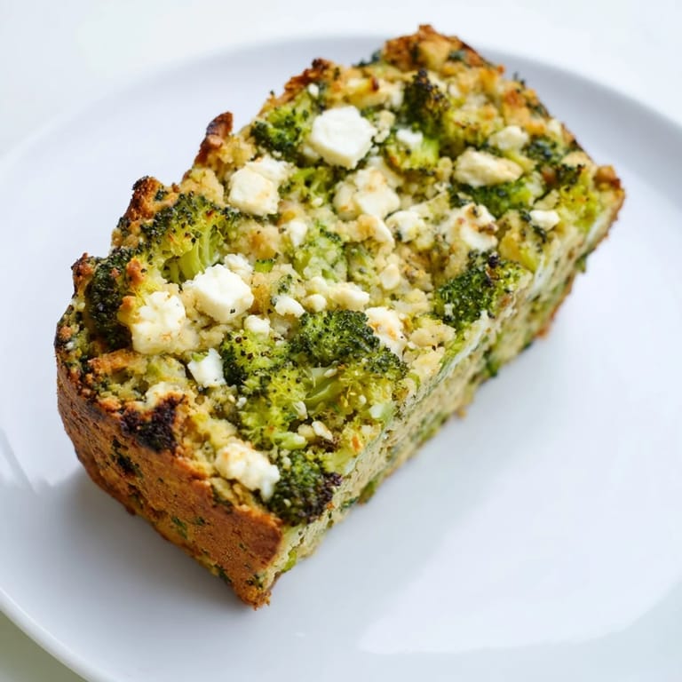 Slice of Broccoli and Feta Loaf served on a white plate, perfect with a bowl of tomato soup for a Mediterranean-inspired light lunch.