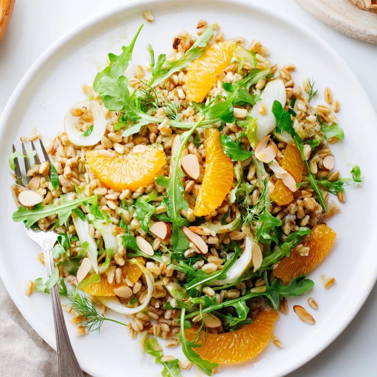 A close-up of Farro Salad With Fennel, Oranges, and Almonds showcases glistening citrus vinaigrette drizzled over the Mediterranean-inspired mixture, ready for a refreshing lunch or side dish.