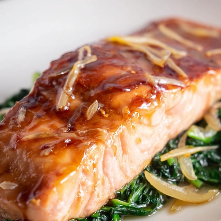 Close-up of glazed miso salmon flaking easily beside bright green spinach, served with lemon wedges for a fresh, Japanese-inspired finish.