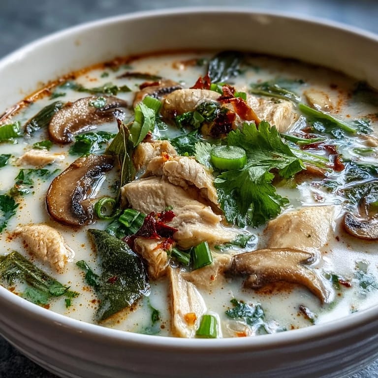 A close-up view of steaming Authentic Tom Kha Gai, revealing aromatic galangal slices and lemongrass stalks in a rich, golden coconut milk broth.
