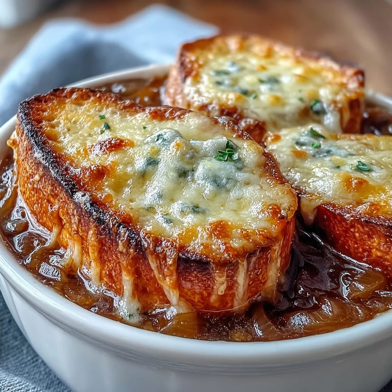 Deeply caramelized onions float in rich beef broth beneath golden, toasted bread slices.