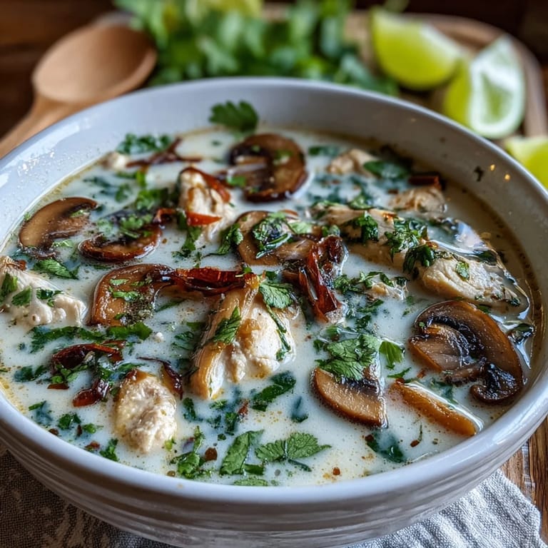 A vibrant bowl of Tom Kha Soup with lime wedges on the side, highlighting its rich coconut broth and aromatic herbs.