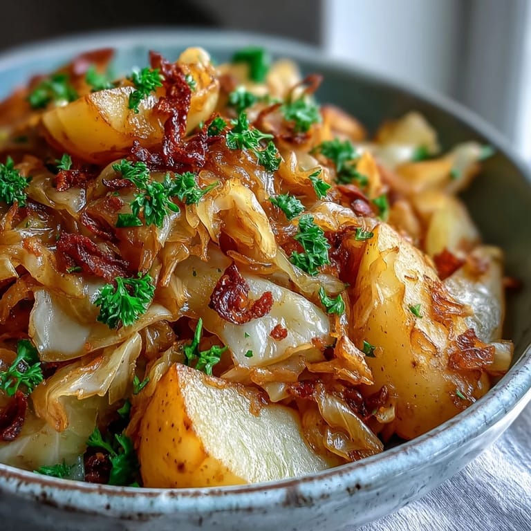 Earthy green cabbage, golden potatoes, and chili flakes in a hearty Braised Cabbage With Potatoes and Chili for a comforting meal.