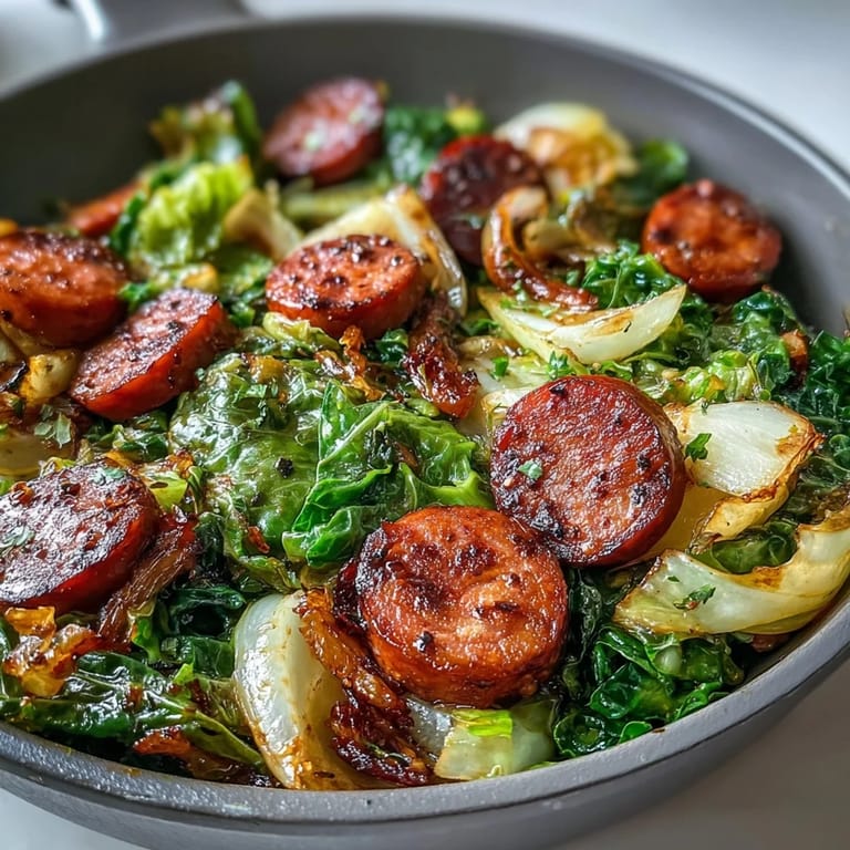 Golden, caramelized cabbage and smoky sausage for Smothered Cabbage With Sausage Skillet.