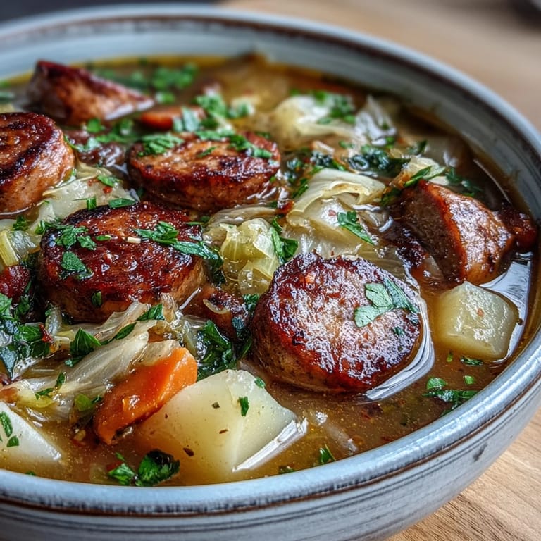 Close-up on the hearty Sausage, Potato and Cabbage Soup featuring browned sausage slices and tender vegetables.