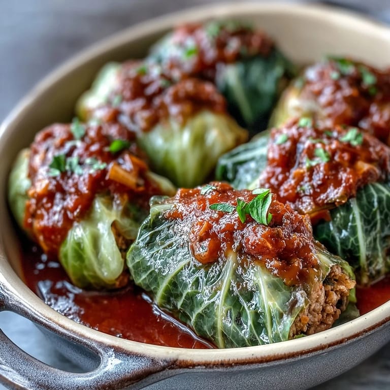 Golden cabbage rolls bubbling in tomato sauce, garnished with fresh parsley on a rustic plate.