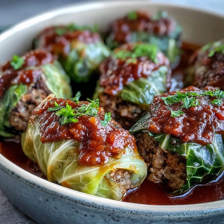Freshly baked cabbage rolls topped with herbs, served alongside crusty bread and a dollop of sour cream.