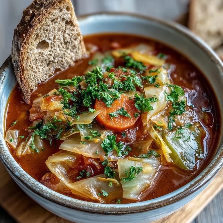 Homemade Classic Cabbage Soup simmering in a pot, showcasing chopped vegetables and aromatic herbs, perfect for a cozy, nutritious vegetarian dinner.
